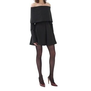 Nocturne Off the Shoulder Striped Long Sleeve Black Mini Dress XS